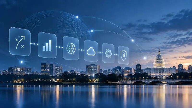 A wall display in a government office showing connected systems: cloud, data, security and program services on one platform