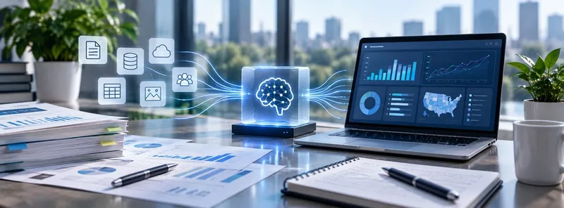 Documents, databases and cloud icons flowing through a glowing AI brain into a laptop showing analytics dashboards, on a desk with printed charts