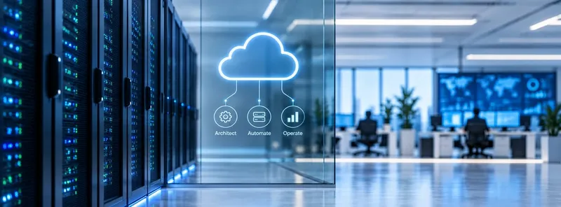 A server room beside a glass wall with an Architect, Automate, Operate cloud diagram and an operations floor behind it