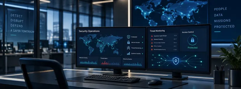 A security operations center with monitors showing global threat maps, live monitoring and a Protected shield status