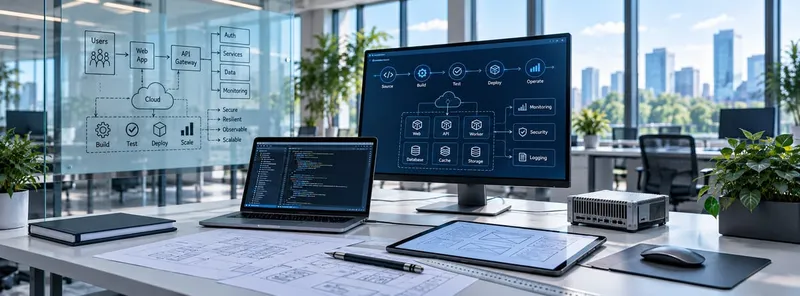 An engineering workstation with code on a laptop, a cloud-native architecture diagram on a monitor and a build, test, deploy, scale whiteboard