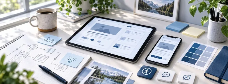 A designer’s desk with tablet and phone wireframes, sketched user flows, sticky notes and accessibility icons