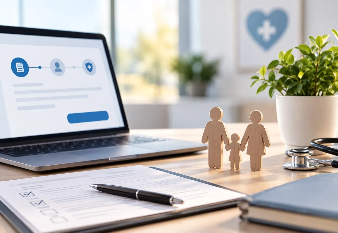 A laptop showing a step-by-step health enrollment form beside wooden family figures and a stethoscope