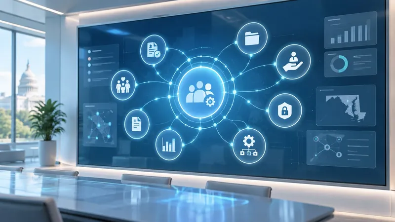 A wall display of an integrated human services platform: connected icons for families, records, security and analytics around a shared core, with a map of Maryland