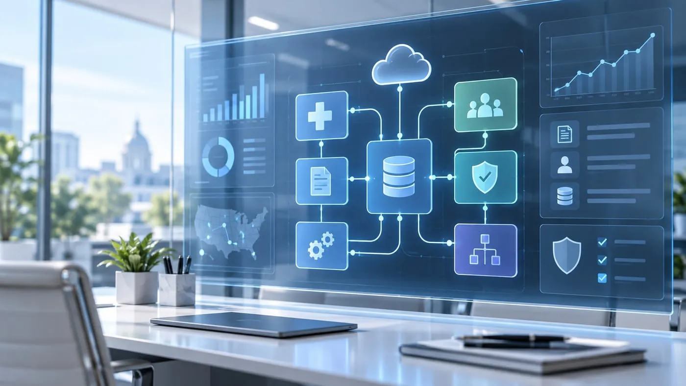 Illustration of connected Medicaid enterprise systems: cloud, data, security and program services on one platform