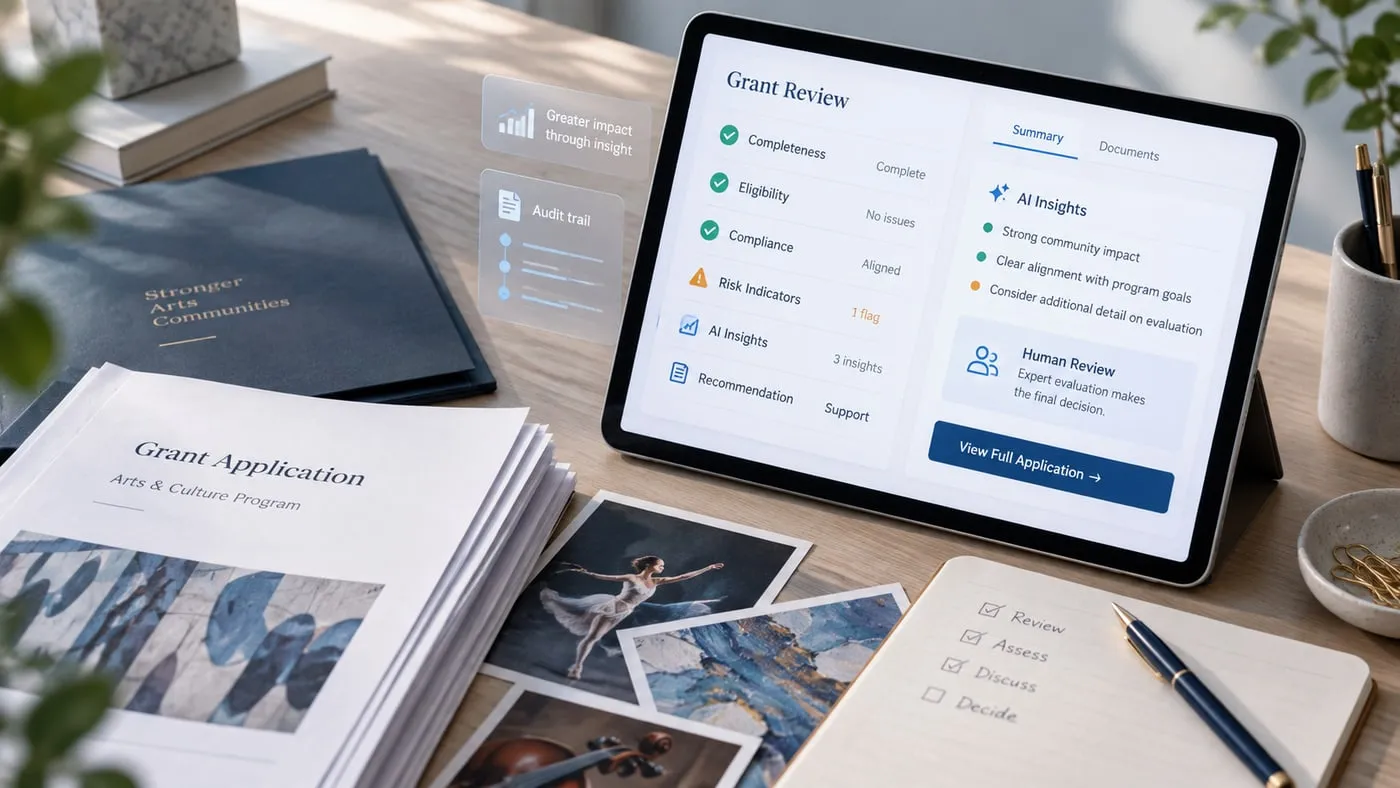 Illustration of an AI-assisted grant review screen beside printed arts grant applications